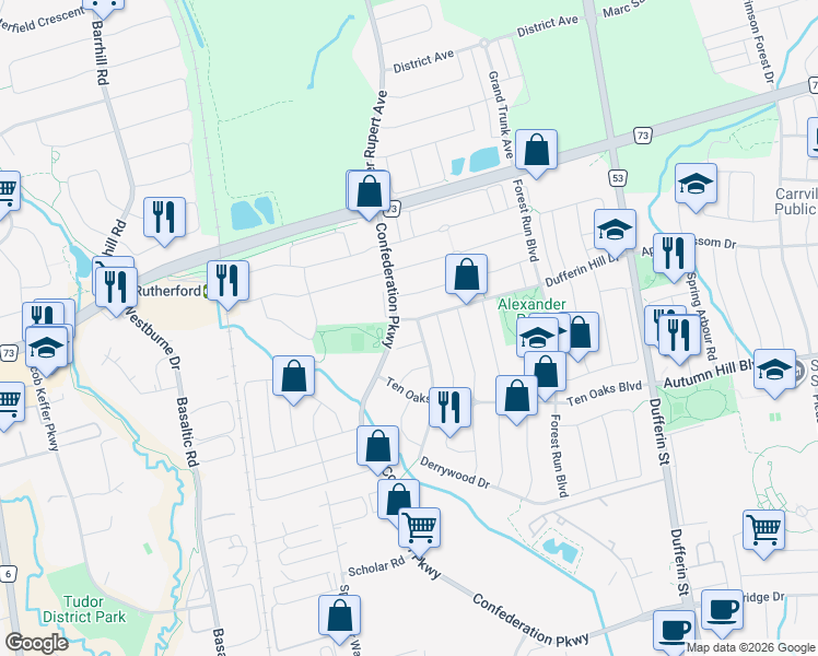 map of restaurants, bars, coffee shops, grocery stores, and more near 243 Dufferin Hill Drive in Vaughan