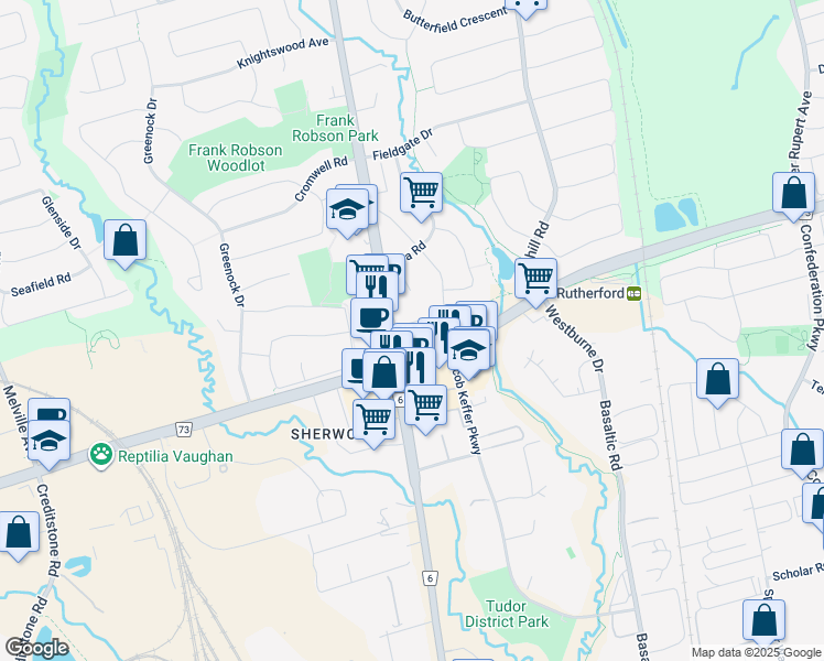 map of restaurants, bars, coffee shops, grocery stores, and more near 2231 Old Rutherford Road in Vaughan