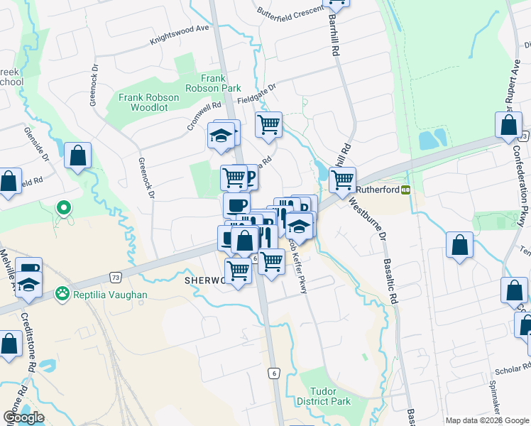 map of restaurants, bars, coffee shops, grocery stores, and more near 2231 Old Rutherford Road in Vaughan