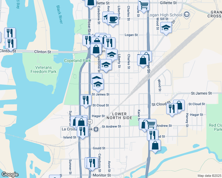 map of restaurants, bars, coffee shops, grocery stores, and more near 914 Avon Street in La Crosse