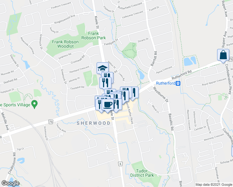 map of restaurants, bars, coffee shops, grocery stores, and more near 2211 Old Rutherford Road in Vaughan