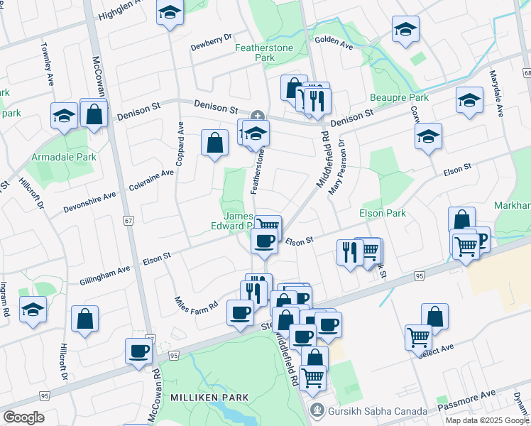 map of restaurants, bars, coffee shops, grocery stores, and more near 7 Cimmaron Street in Markham