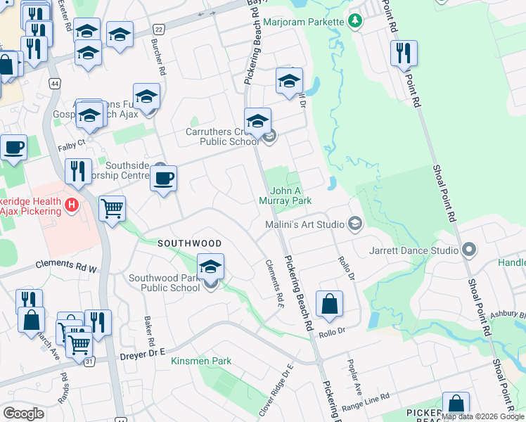 map of restaurants, bars, coffee shops, grocery stores, and more near 65 Taylor Road in Ajax
