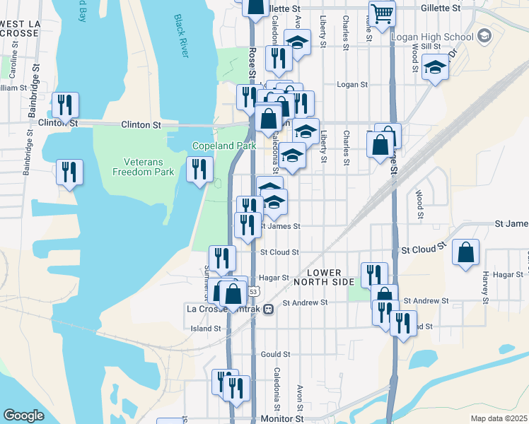 map of restaurants, bars, coffee shops, grocery stores, and more near 901 Caledonia Street in La Crosse