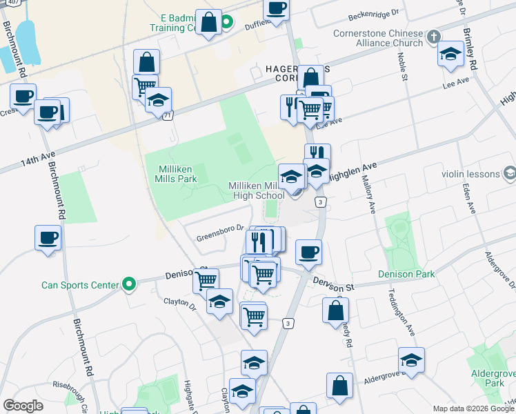 map of restaurants, bars, coffee shops, grocery stores, and more near 113 Milliken Meadows Drive in Markham