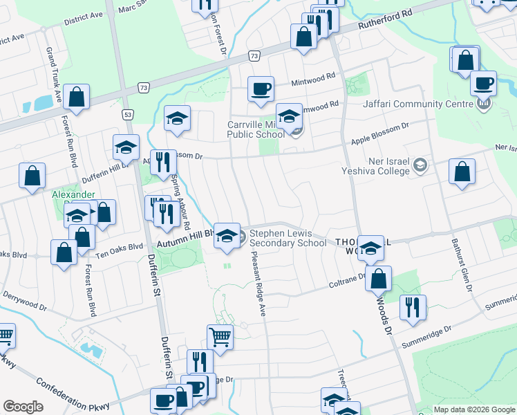 map of restaurants, bars, coffee shops, grocery stores, and more near 26 Daphnia Drive in Vaughan
