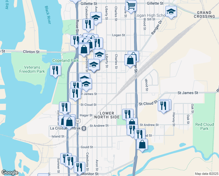 map of restaurants, bars, coffee shops, grocery stores, and more near 916 Liberty Street in La Crosse
