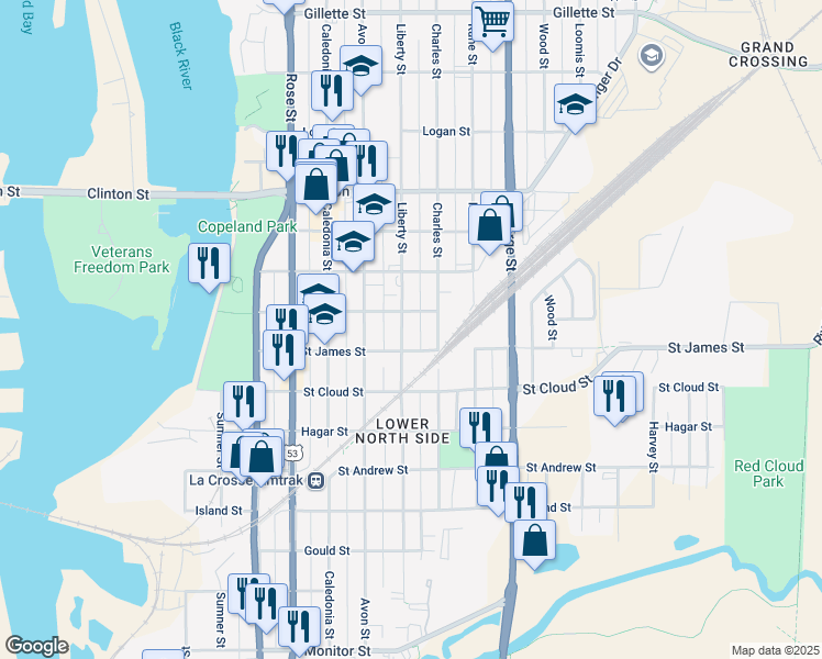 map of restaurants, bars, coffee shops, grocery stores, and more near 916 Liberty Street in La Crosse
