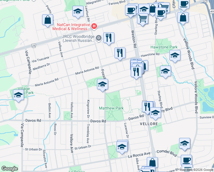 map of restaurants, bars, coffee shops, grocery stores, and more near 2 Hollywood Hill Circle in Vaughan