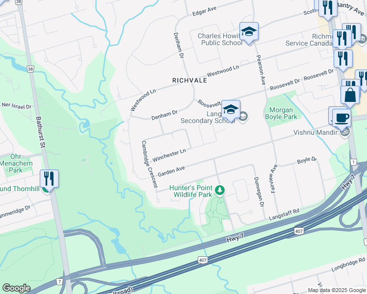map of restaurants, bars, coffee shops, grocery stores, and more near 77 Winchester Lane in Richmond Hill