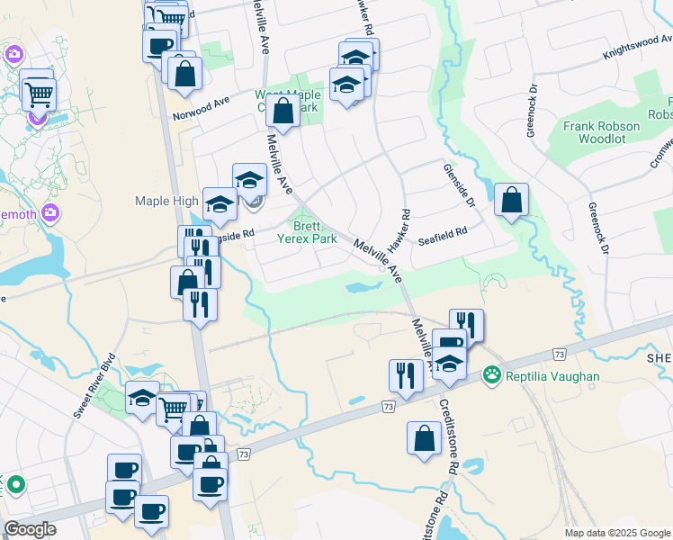 map of restaurants, bars, coffee shops, grocery stores, and more near 39 Parktree Drive in Vaughan
