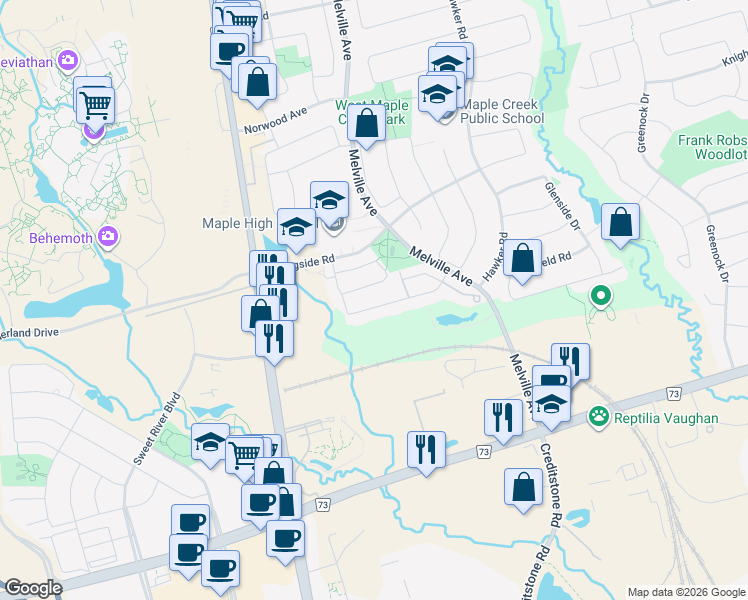 map of restaurants, bars, coffee shops, grocery stores, and more near 76 Parktree Drive in Vaughan