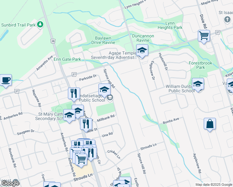 map of restaurants, bars, coffee shops, grocery stores, and more near 1952 Spruce Hill Road in Pickering
