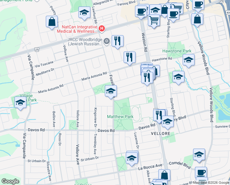 map of restaurants, bars, coffee shops, grocery stores, and more near 2 Hollywood Hill Circle in Vaughan