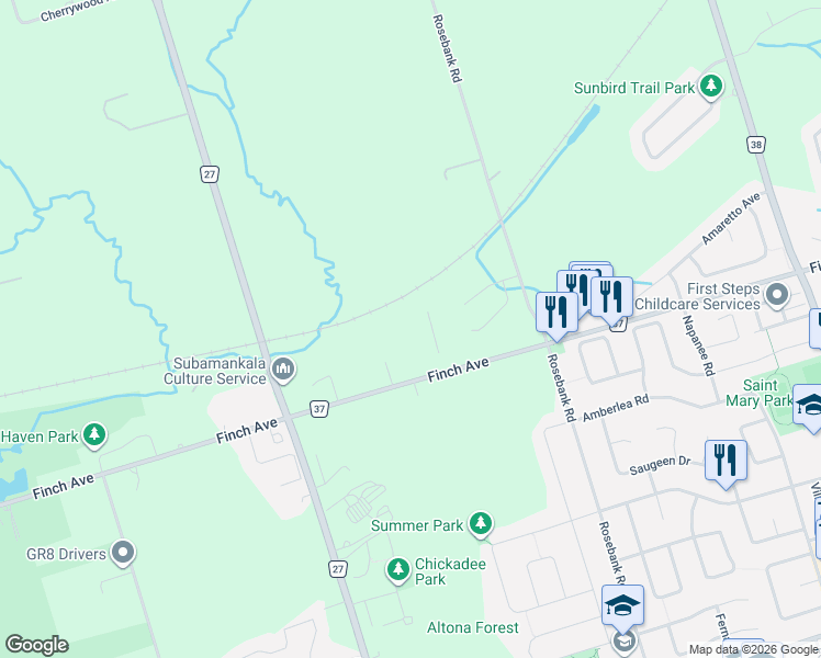 map of restaurants, bars, coffee shops, grocery stores, and more near 400 Finch Avenue in Pickering