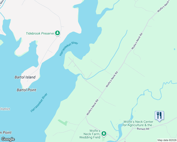 map of restaurants, bars, coffee shops, grocery stores, and more near 266 Wolfs Neck Road in Freeport
