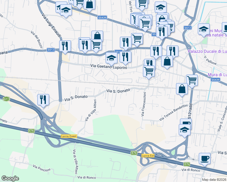 map of restaurants, bars, coffee shops, grocery stores, and more near 847 Via San Donato in Lucca