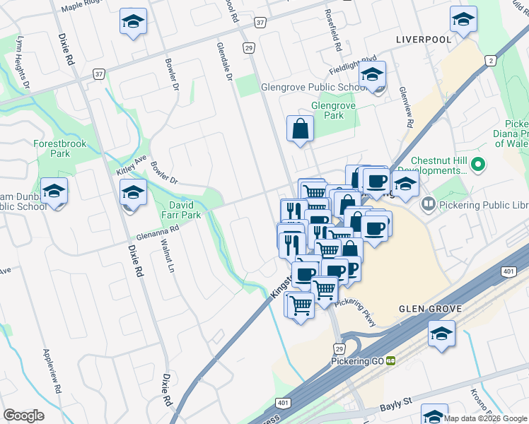 map of restaurants, bars, coffee shops, grocery stores, and more near 1856 Glendale Drive in Pickering