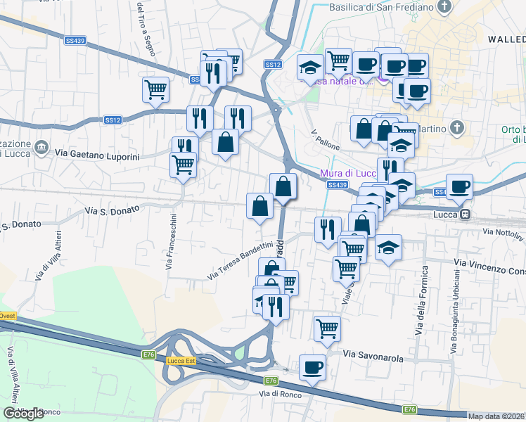 map of restaurants, bars, coffee shops, grocery stores, and more near 170 Via Tagliate di San Concordio in Lucca