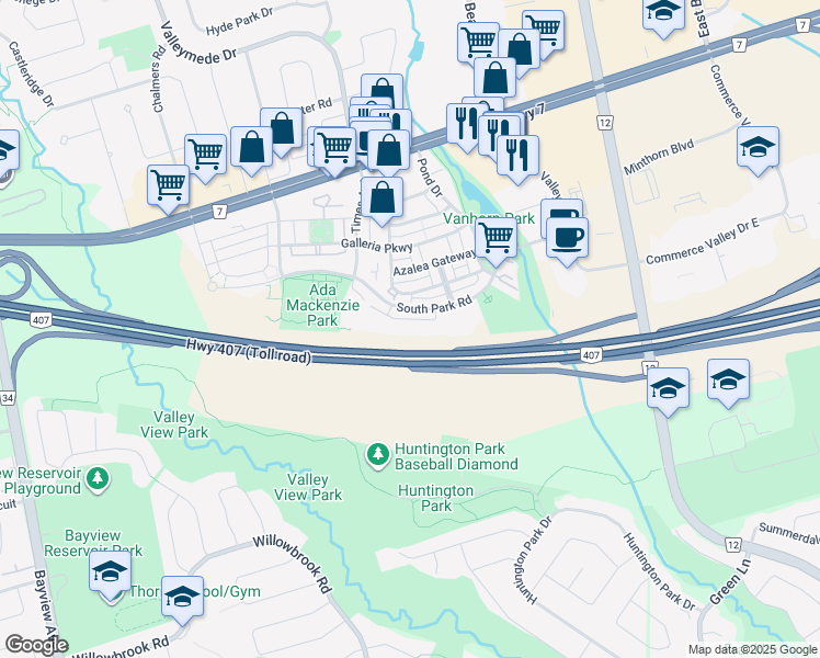 map of restaurants, bars, coffee shops, grocery stores, and more near 277 South Park Road in Markham