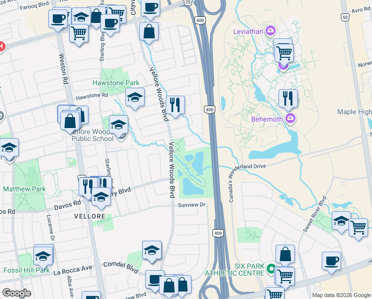 map of restaurants, bars, coffee shops, grocery stores, and more near 294 Wildberry Crescent in Vaughan