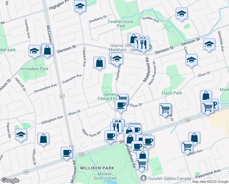 map of restaurants, bars, coffee shops, grocery stores, and more near 10 Featherstone Avenue in Markham