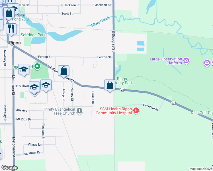 map of restaurants, bars, coffee shops, grocery stores, and more near 724 East Fond Du Lac Street in Ripon