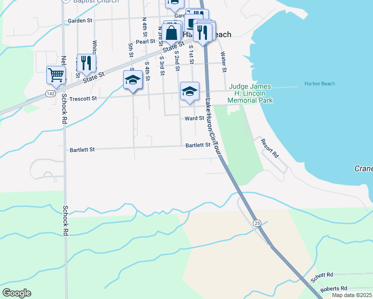 map of restaurants, bars, coffee shops, grocery stores, and more near 238 Bartlett Street in Harbor Beach