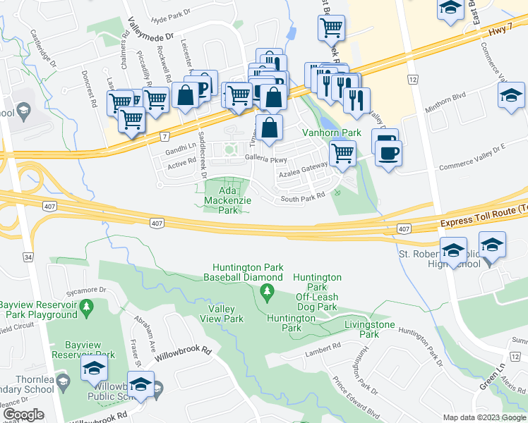 map of restaurants, bars, coffee shops, grocery stores, and more near 277 South Park Road in Markham