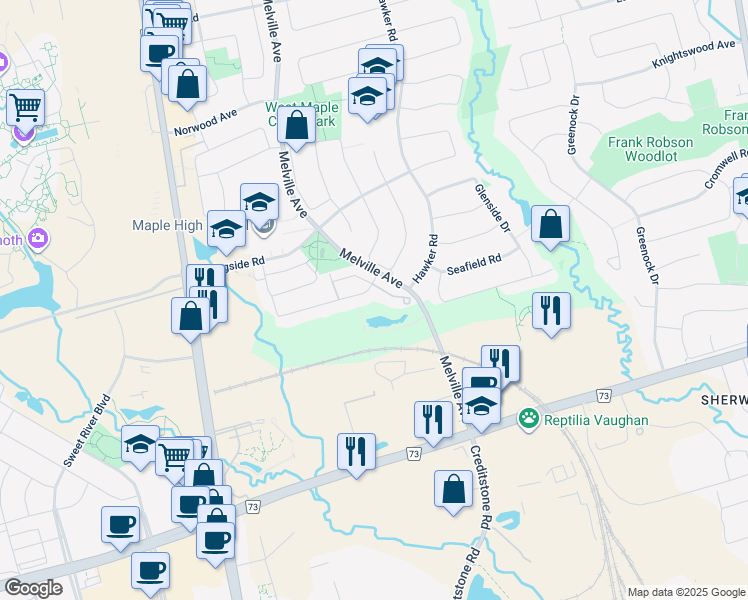 map of restaurants, bars, coffee shops, grocery stores, and more near in Vaughan