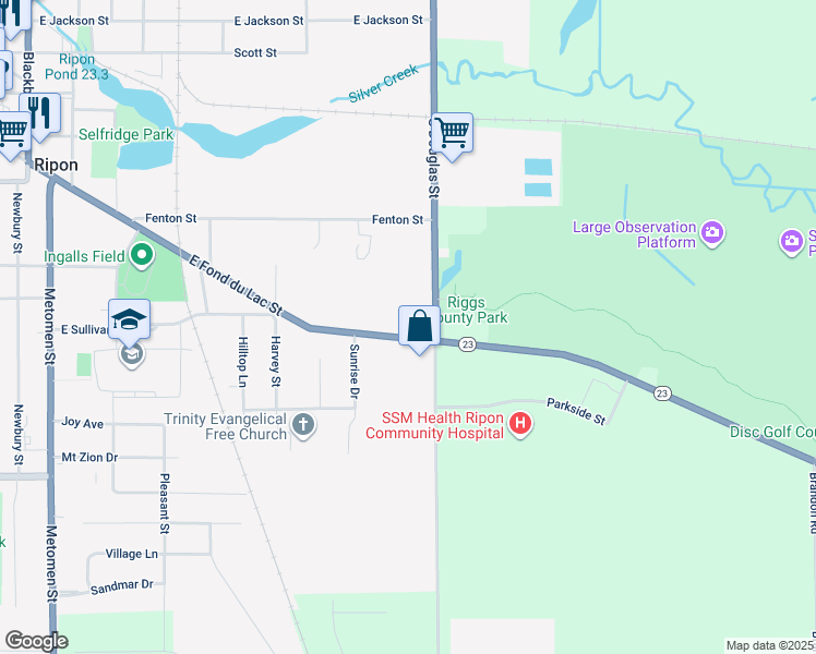 map of restaurants, bars, coffee shops, grocery stores, and more near 724 East Fond Du Lac Street in Ripon