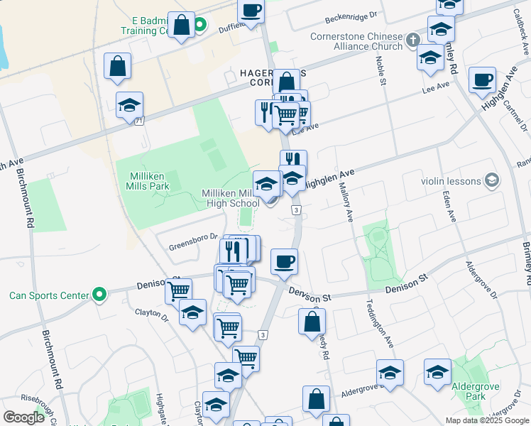 map of restaurants, bars, coffee shops, grocery stores, and more near 7522 Kennedy Road in Markham
