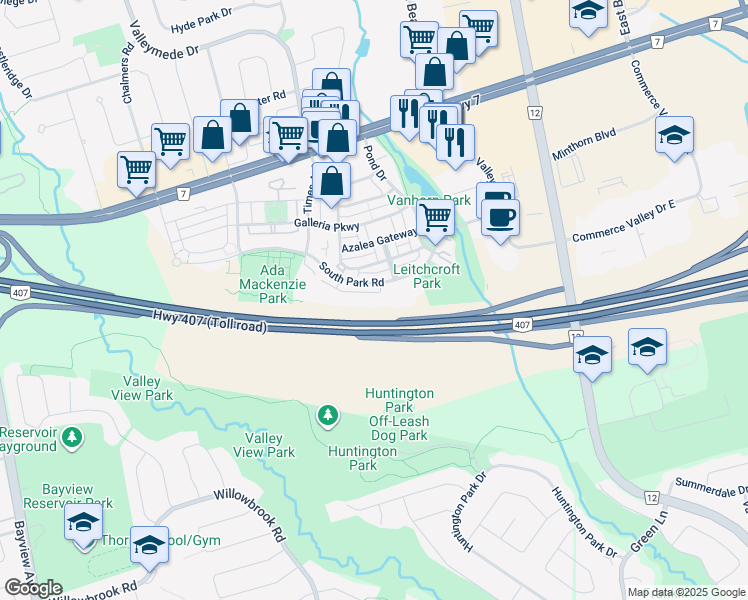 map of restaurants, bars, coffee shops, grocery stores, and more near 325 South Park Road in Markham