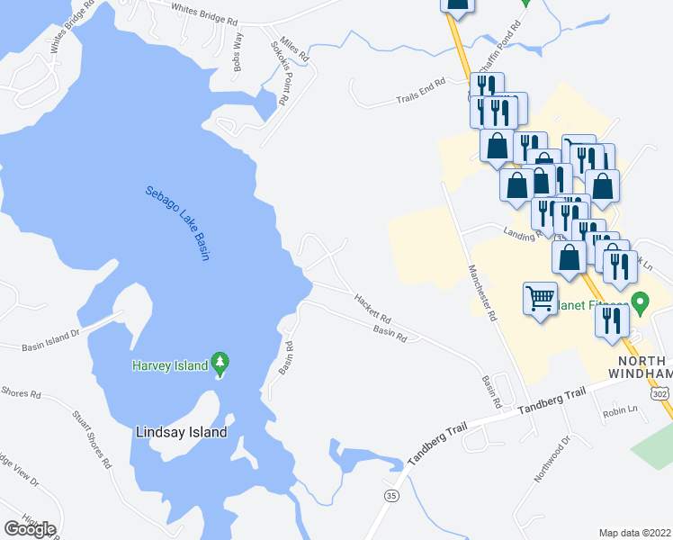 map of restaurants, bars, coffee shops, grocery stores, and more near 58 Hackett Road in Windham