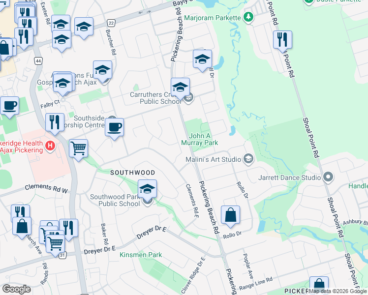 map of restaurants, bars, coffee shops, grocery stores, and more near 63 Taylor Road in Ajax