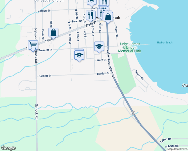 map of restaurants, bars, coffee shops, grocery stores, and more near 238 Bartlett Street in Harbor Beach