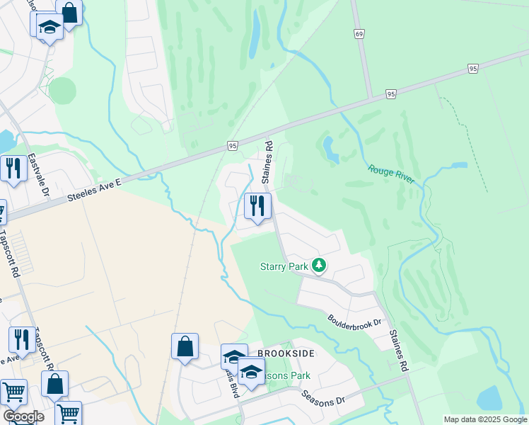 map of restaurants, bars, coffee shops, grocery stores, and more near 5 Turtledove Grove in Toronto