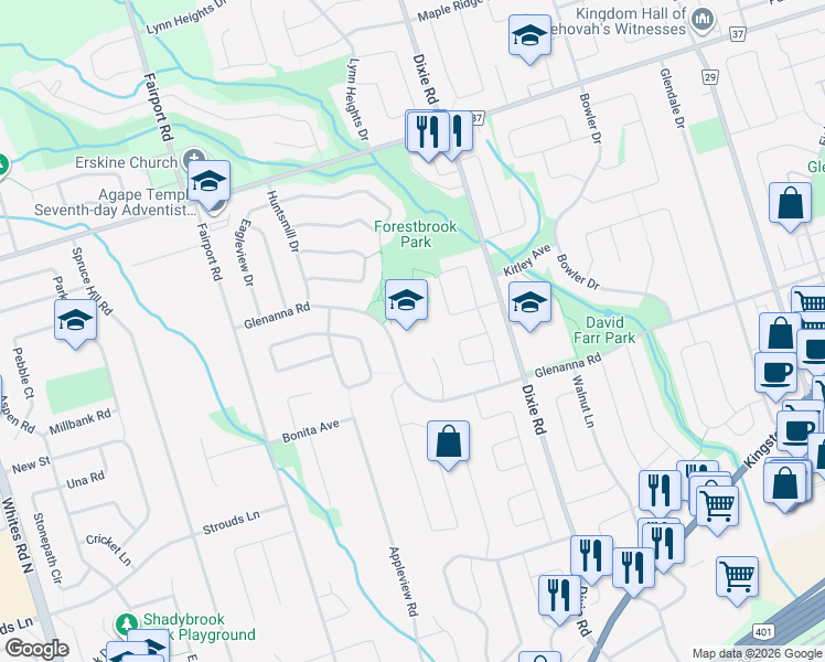 map of restaurants, bars, coffee shops, grocery stores, and more near 1030 Glenanna Road in Pickering