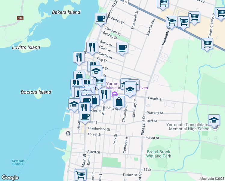 map of restaurants, bars, coffee shops, grocery stores, and more near 28 Parade Street in Yarmouth