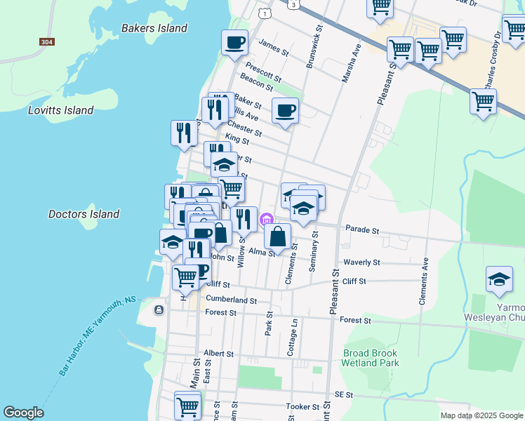 map of restaurants, bars, coffee shops, grocery stores, and more near 28 Parade Street in Yarmouth