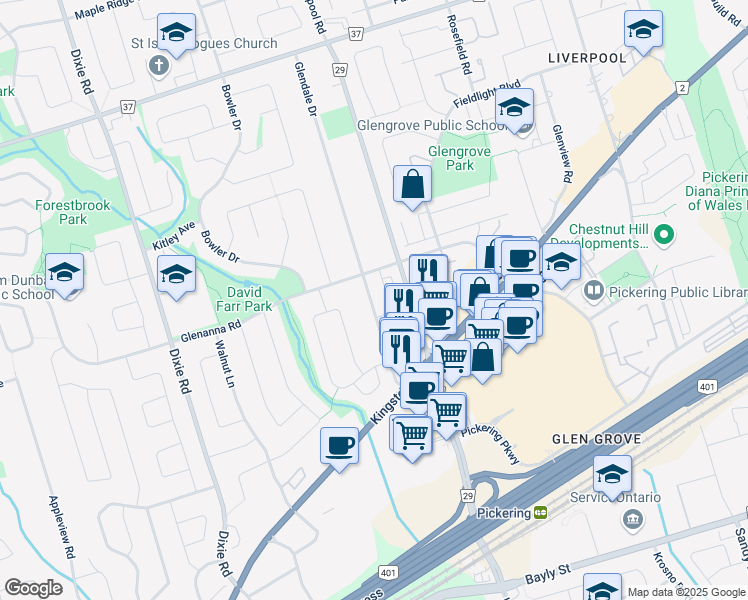 map of restaurants, bars, coffee shops, grocery stores, and more near 1869 Glendale Drive in Pickering