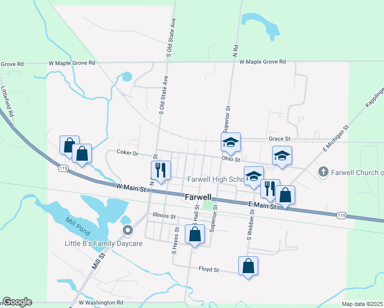map of restaurants, bars, coffee shops, grocery stores, and more near 268 Ohio Street in Farwell