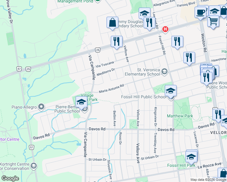map of restaurants, bars, coffee shops, grocery stores, and more near 363 Maria Antonia Road in Vaughan