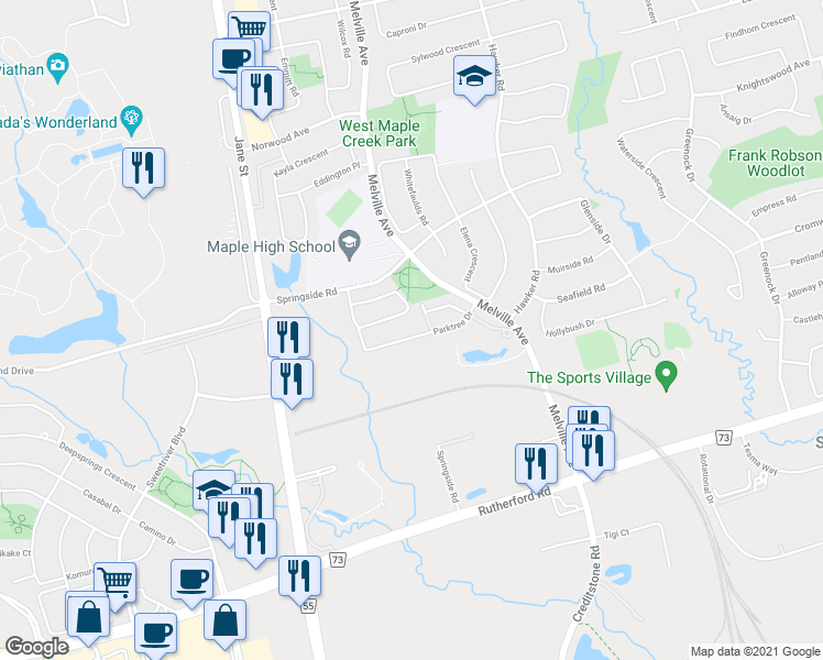 map of restaurants, bars, coffee shops, grocery stores, and more near 76 Parktree Drive in Vaughan