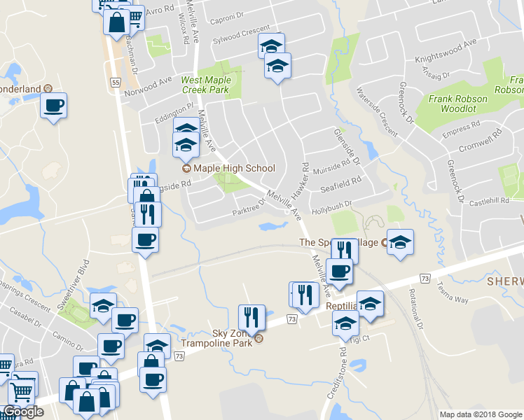 map of restaurants, bars, coffee shops, grocery stores, and more near 19 Parktree Drive in Vaughan