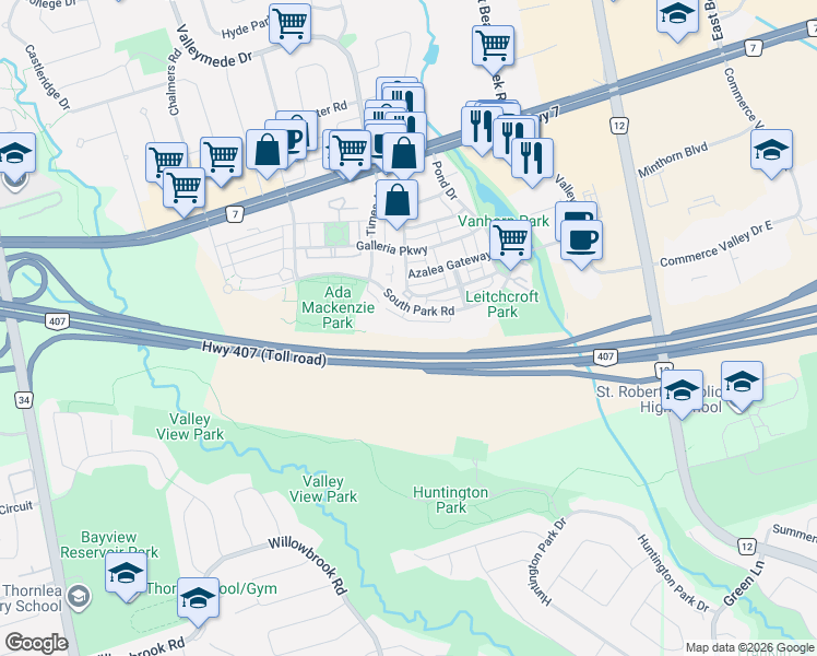 map of restaurants, bars, coffee shops, grocery stores, and more near 277 South Park Road in Markham