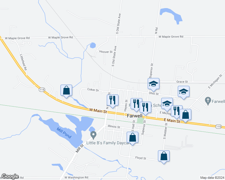 map of restaurants, bars, coffee shops, grocery stores, and more near 260 North Corning Street in Farwell