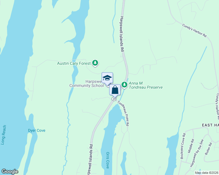 map of restaurants, bars, coffee shops, grocery stores, and more near 308 Harpswell Island Road in Harpswell