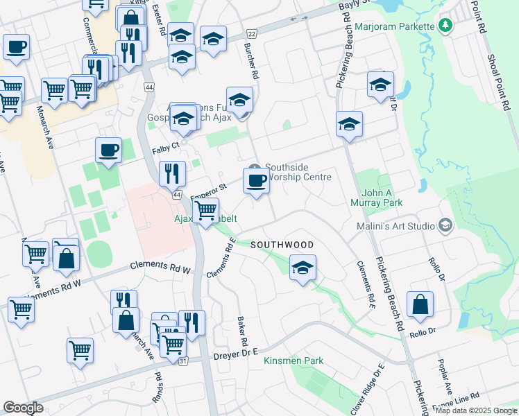 map of restaurants, bars, coffee shops, grocery stores, and more near 32 Follett Court in Ajax
