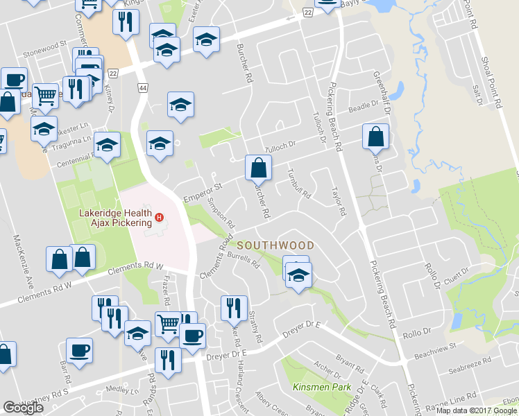 map of restaurants, bars, coffee shops, grocery stores, and more near 32 Follett Court in Ajax